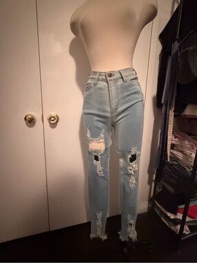 Fashion Nova Light Blue High-Rise Distressed Skinny Jeans